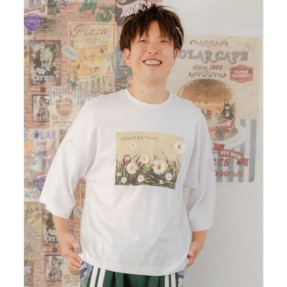 スカラー ScoLar ねこずきんちゃんとクマ花畑刺繍 7分袖Tシャツ （オフホワイト）