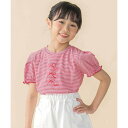 ベベ プチ ポワ ヴェール BeBe Petits Pois Vert ベア天竺細ボーダーリボンプリントパフスリーブTシャツ(95~160cm) (レッド系)