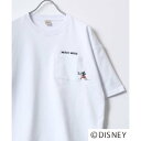 ディズニー Disney オーバーサイズ ミッキーワンポイント刺繍 ポケット付 半袖Tシャツ レディース メンズ (ホワイト)