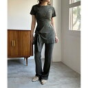 ジュエローブ Jewelobe タイトTシャツ×ラップスカートドッキングブーツカットパンツセットアップ (グレー)