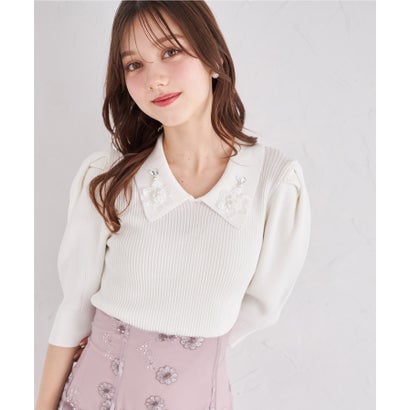 トッコクローゼット tocco closet 立体フラワーモチーフ襟付きリブニットプルオーバー トッコクローゼット tocco closet 立体フラワーモチーフ襟付きリブニットプルオーバー