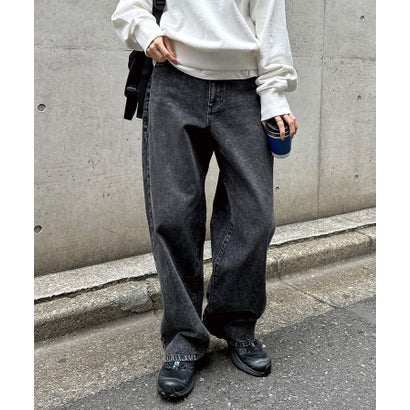 アンドミー andme ルーズ デニム ストレート ワイド パンツ （ブラック）
