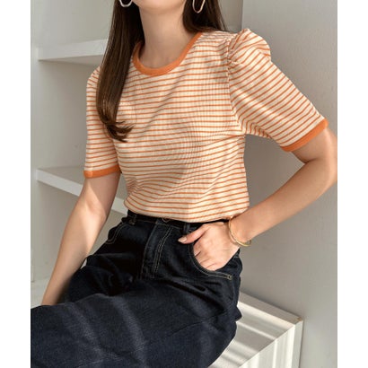 アンドミー andme テレコリブ ボーダー パフスリーブ 半袖 Tシャツ （オレンジ×アイボリー）