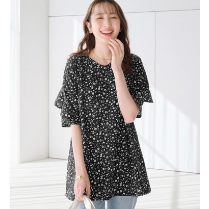 アロッタ Alotta 【4つの機能付】フリル袖Tシャツチュニック (ブラック花柄)