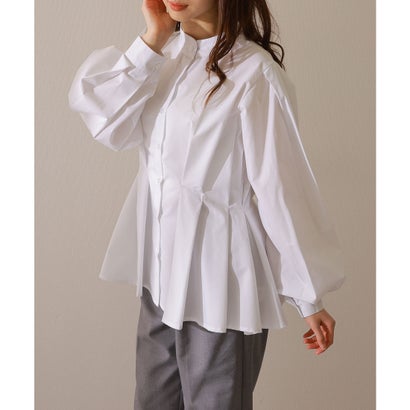 レースレディース Lace Ladies ソリッドカラー メニー タック コンパクト フレア ブラウス （ホワイト）