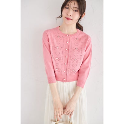 トッコクローゼット tocco closet パールビジュー付きリボン＆ハート透かし編みニットカーディガンのサムネイル