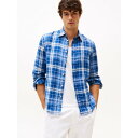 トミー ヒルフィガー TOMMY HILFIGER リネンミディアムチェックリラックスフィットシャツ (ブルー)