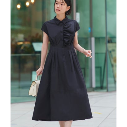 ルイルエブティック RUIRUE BOUTIQUE ワンサイドフリルフレンチスリーブシャツワンピース (ブラック) ルイルエブティック RUIRUE BOUTIQUE ワンサイドフリルフレンチスリーブシャツワンピース (ブラック)