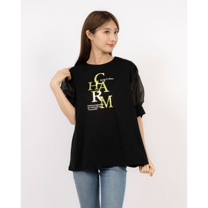 エグランティーヌ EGLANTINE CHARM 箔ロゴプリント 袖光沢シアーカットソー 5分袖Tシャツ （ブラック）