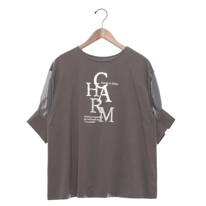 エグランティーヌ EGLANTINE CHARM 箔ロゴプリント 袖光沢シアーカットソー 5分袖Tシャツ （チャコールグレー）