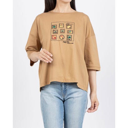 ブローディア BRODIAEA シルケットコットン切手風刺繍5分袖Tシャツ （キャメル）