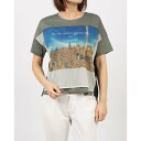ブローディア BRODIAEA オーガンジー転写プリント 配色切り替え半袖Tシャツ (モスグリーン)