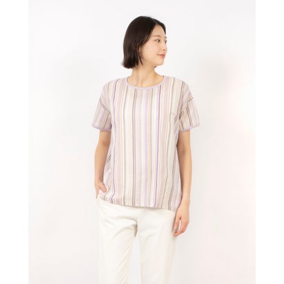 ブローディア BRODIAEA ミラクルウェーブ マルチカラーストライプ切り替え半袖Tシャツ (ラベンダー) ブローディア BRODIAEA ミラクルウェーブ マルチカラーストライプ切り替え半袖Tシャツ (ラベンダー)