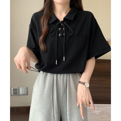 ガーリードール Girly Doll ポロカラーレースアップ半袖カットソー【韓国ファッション】 （ブラック）