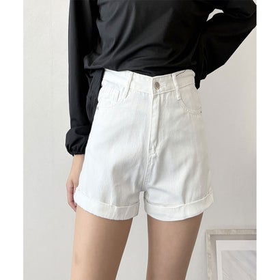 デューリリー Dewlily デニム風ショートパンツ レディース 韓国 カジュアル シンプル おしゃれ 春 夏 秋 着回し お出かけ ショート丈 定番 ボトムス ズボン かわいい （ホワイト）
