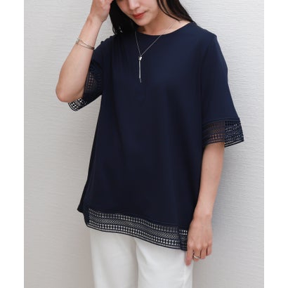 リベル モア libelle more 〈接触冷感〉袖口・裾レース半袖プルオーバー (ネイビー) リベル モア libelle more 〈接触冷感〉袖口・裾レース半袖プルオーバー (ネイビー)