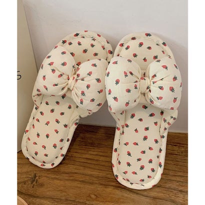 レースレディース Lace Ladies イチゴ柄 リボン オープン フラット スリッパ （アイボリー）