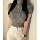レースレディース Lace Ladies ハイネック クロップド リブ 半袖 ニット プルオーバー (グレー)