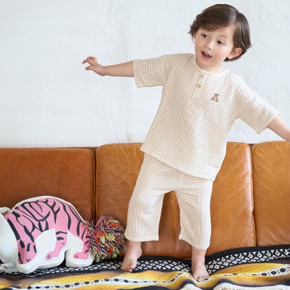 プティマイン petit main 【リンク】くま刺繍Wガーゼパジャマ （ウスベージュ）