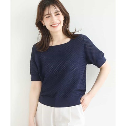 オフオン OFUON レーシー編み半袖ニット/洗える （ネイビー）のサムネイル