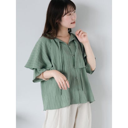 エヘカソポ ehka sopo シワ加工ケープカラーブラウス （グリーン）