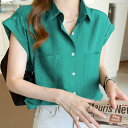 アイカ ica シャツブラウス ブラウス シャツ ワイシャツ キャップスリーブ レギュラーカラー 涼しい 薄手 半袖 オフィス カジュアル ビジネス ナチュラル きれいめ ゆったり 無地 (GN)