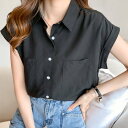 アイカ ica シャツブラウス ブラウス シャツ ワイシャツ キャップスリーブ レギュラーカラー 涼しい 薄手 半袖 オフィス カジュアル ビジネス ナチュラル きれいめ ゆったり 無地 (BK)