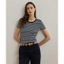 ローレン ラルフ ローレン LAUREN RALPH LAUREN ストライプド ボタントリム リブニット Tシャツ (410ネイビー)