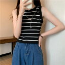 カルペディエム Carpe diem タンクトップ インナー トップス ボーダー タンクトップ リブ タンクトップ ニットタンクトップ ノースリーブ ニット サマーニット カジュアル ショート丈 (ブラ