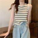 カルペディエム Carpe diem タンクトップ インナー トップス ボーダー タンクトップ リブ タンクトップ ニットタンクトップ ノースリーブ ニット サマーニット カジュアル ショート丈 (ベー