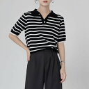 カルペディエム Carpe diem ポロシャツ半袖 トップス ボーダートップス Tシャツ ボーダー 夏服 へそ出し ショート丈Tシャツ ポロシャツニット 薄手サマーニット 韓国ファッション (ブラック