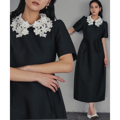 ガール GIRL レースカラー 2wayコクーンシルエット パフスリーブ 結婚式 ワンピース パーティードレス オケージョンドレス お呼ばれ 二次会 成人式 同窓会 （ブラックアイボリー）