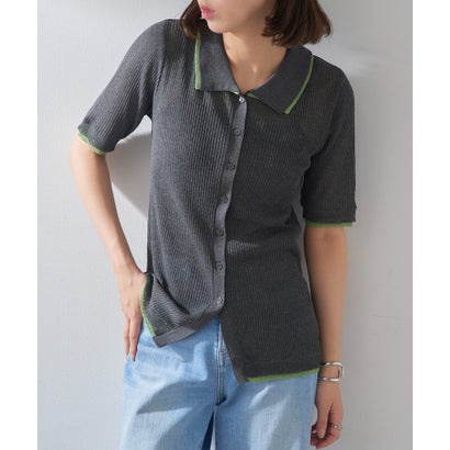 メゾンブリーズレヴール MAISON BREEZE reveur 麻タッチ配色襟付きカーディガン DTK （チャコールグレー）