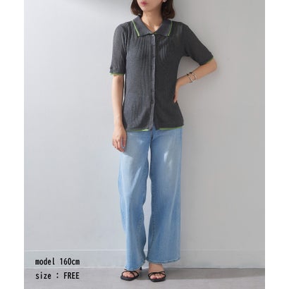 メゾンブリーズレヴール MAISON BREEZE reveur 麻タッチ配色襟付きカーディガン DTK （チャコールグレー）