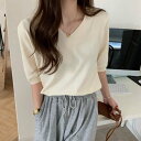 カルペディエム Carpe diem ニットトップス 半袖 サマーニット半袖 ニットソー カジュアル 五分袖 ストレッチ 夏服 伸縮性 韓国ファッション 薄手ニット 春 シンプル 無地 トップス 韓国 (ラ