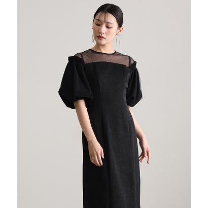 プールヴー PourVous ミモレ丈&袖ありフォーマルヴィンテージ風サテンIラインラメドットチュールセレモニー結婚式二次会パーティードレスオケージョンドレス同窓会成人式 フォーマル ワン