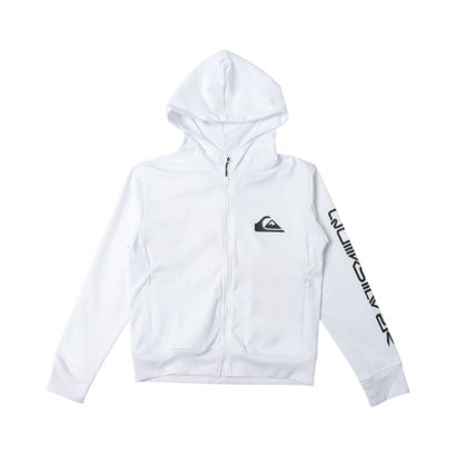 グライドウェーブ生地を使用したハイネック型ジップフーディのラッシュガード。ポリエステルの捲縮糸によって、高いストレッチ性を保ちながら劣化に強くハリがあるのが特徴。左胸とバック左脇部分に山波ロゴ、左袖にワードロゴをプリント。シルエットは汎用性の高いレギュラーフィット。海でも街でも着用できるバリアスアイテムです。【サイズ】130cm：身丈46cm｜身幅39.5cm｜肩幅36cm｜袖丈46.5cm｜フード丈31cm140cm：身丈50cm｜身幅43cm｜肩幅38cm｜袖丈50cm｜フード丈32cm150cm：身丈54cm｜身幅46cm｜肩幅41cm｜袖丈56cm｜フード丈34cm160cm：身丈57cm｜身幅49cm｜肩幅43cm｜袖丈61cm｜フード丈35cm【素材】ポリエステル100% リブ部分 ポリエステル95% ポリウレタン5%140cm : 【重さ】270g / 【着丈】50cm / 【肩幅】38cm / 【胸囲】86cm / 【袖丈】50cm別カラーはこちら！ ブラック(BLK)