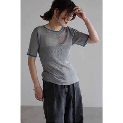ボンジュールサガン BONJOUR SAGAN 配色リブ半袖ニット （LIGHT-GRAY）