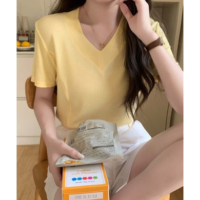 ガーリードール Girly Doll Vネック半袖カットソー （イエロー）(4)