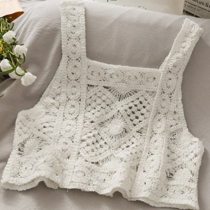 ベルシー Belle Cie クロシェ かぎ針編み トップス シアー レース編み タンクトップ レディース クロシェタンク 重ね着 ニットトップ 透かし編み 韓国ファッション 夏 （ホワイト）