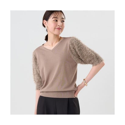 トーキョーシャツ TOKYO SHIRTS ニット 袖フェザー切替プルオーバー 五分袖 レディース （ブラウン）