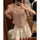 ミニミニストア miniministore レースフリルニットトップスショート丈夏服 (スモークピンク)