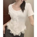 ミニミニストア miniministore レースフリルニットトップスショート丈夏服 (ホワイト)