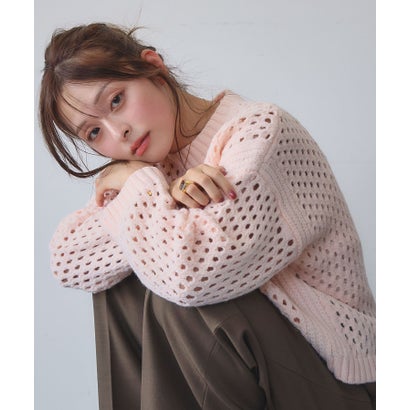 エルフランク ELFRANK ショート丈メッシュ透かし編みニットプルオーバー （ピンク）