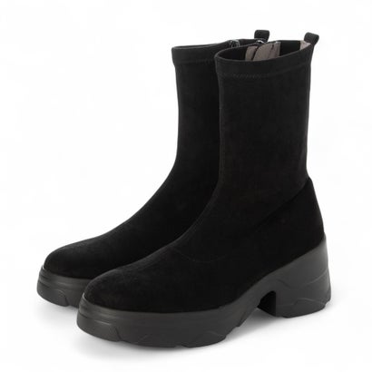 プラスダイアナ ＋diana 【軽量】厚底ストレッチショートブーツ （黒人工シルキー）