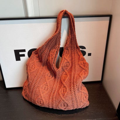 チャイムトリップ Chime Trip バッグ 手提げ トートバッグ ニット 秋冬小物 ケーブルニット レディース ショルダーバッグ 韓国ファッション 通勤 レジャー おしゃれ 肩掛け 柄 （レッドブラウ