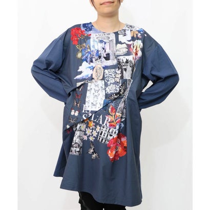 スカラー ScoLar 花蝶コラージュ柄ワンピース （ネイビー）