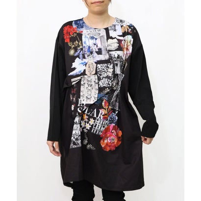 スカラー ScoLar 花蝶コラージュ柄ワンピース （ブラック）