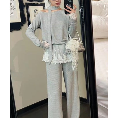 ビビッドレディ VIVIDLADY ボーダーワイドパンツ レースTシャツ チョーカー 3点セット （ライトグレー）