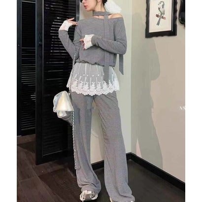 ビビッドレディ VIVIDLADY ボーダーワイドパンツ レースTシャツ チョーカー 3点セット （チャコールグ..